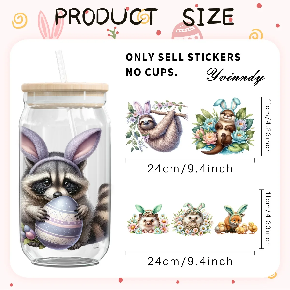 5PCS/Set Of 16OZ Easter Theme Easter Bunny With Rabbit Ears Animal Design UV DTF Film Transfer Paper Is Suitable For Cups Mugs