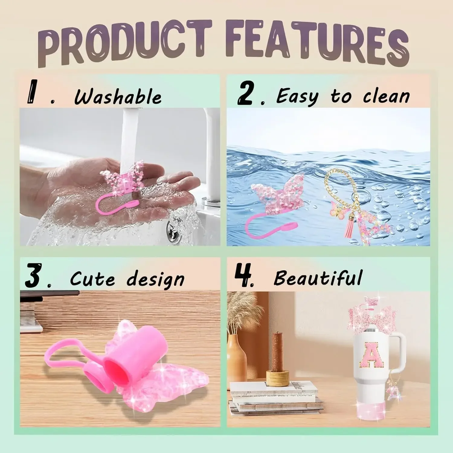 8PCS Cup Accessories Set for Stanley 30oz 40oz Tumbler Straw Topper Cover Cap Boot,Spill Proof Stopper Charm Initials Sticker view 5