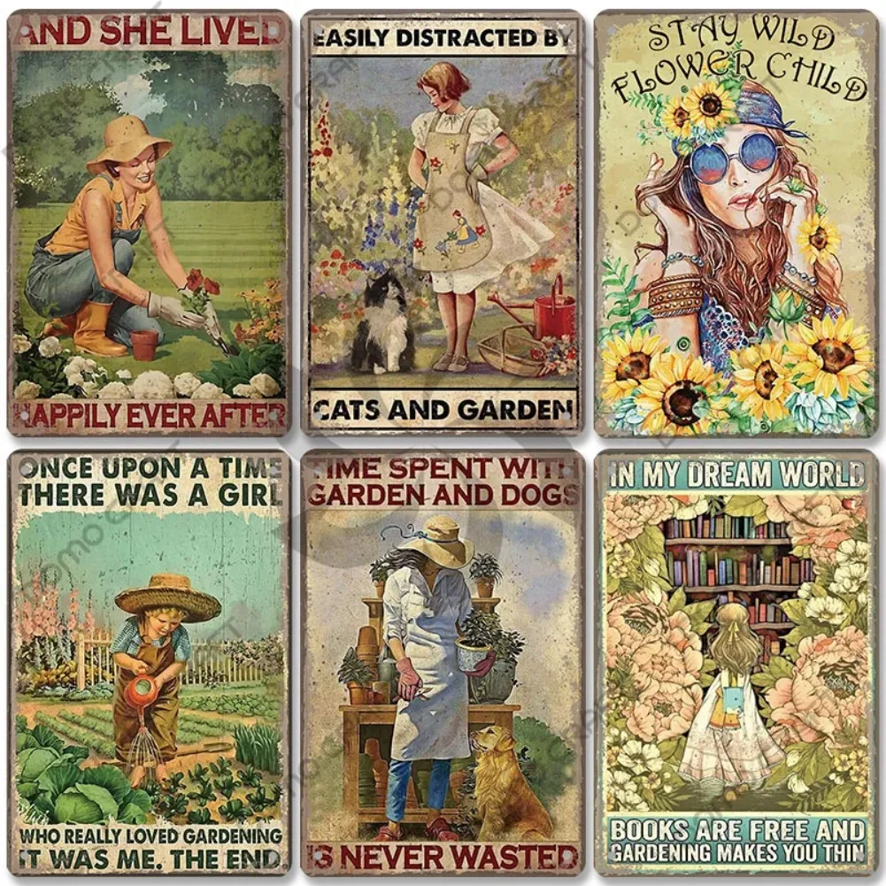 Vintage Garden Metal Tin Sign Plaque 1pc - Cat/Dog/Sunflowers/Girl Design, Ideal Wall Decor for Flower Shop/Manor/Living Room