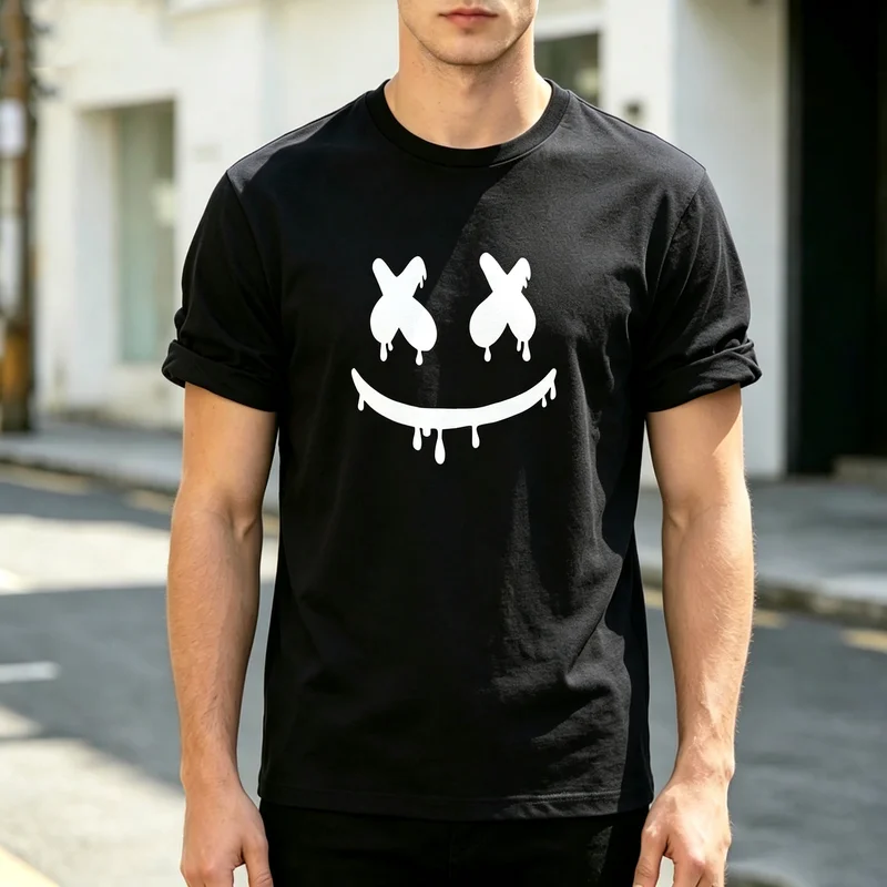 Grunge Smile Face Print T Shirt Soft Cotton Short Sleeve Top For Mens Edgy Streetwear Everyday Urban Fashion