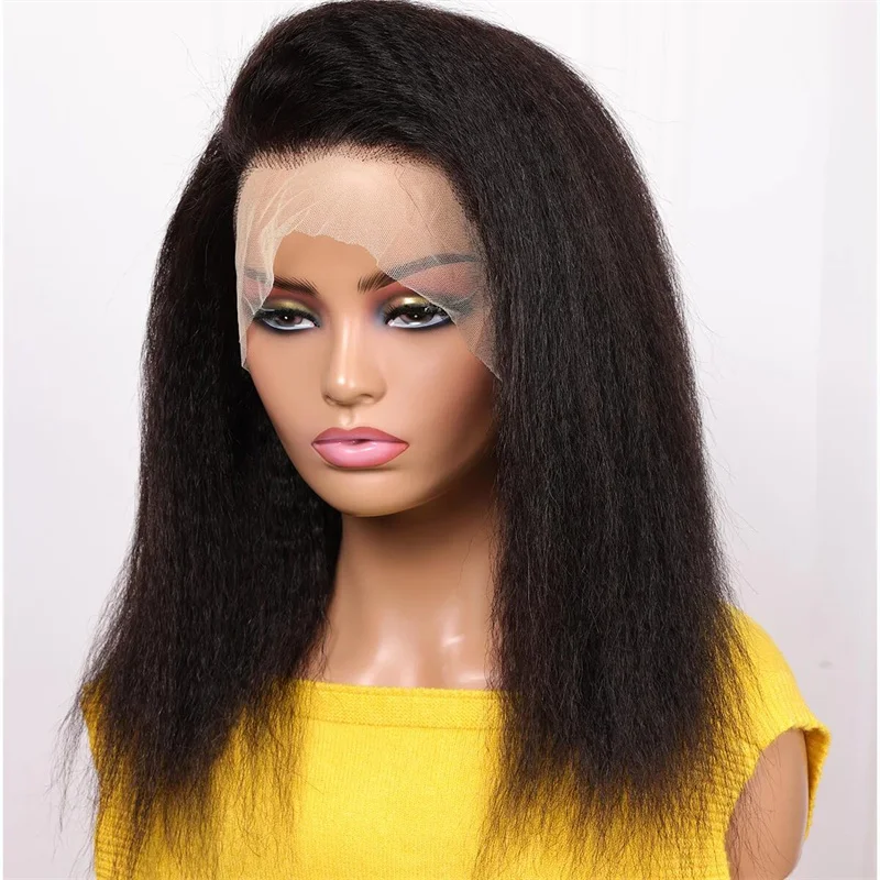 شعر مستعار أسود ياكي غريب مستقيم ناعم طويل 16 بوصة باروكة أمامية من الدانتيل للنساء مع شعر بيبي هير بدون صمغ يوميًا