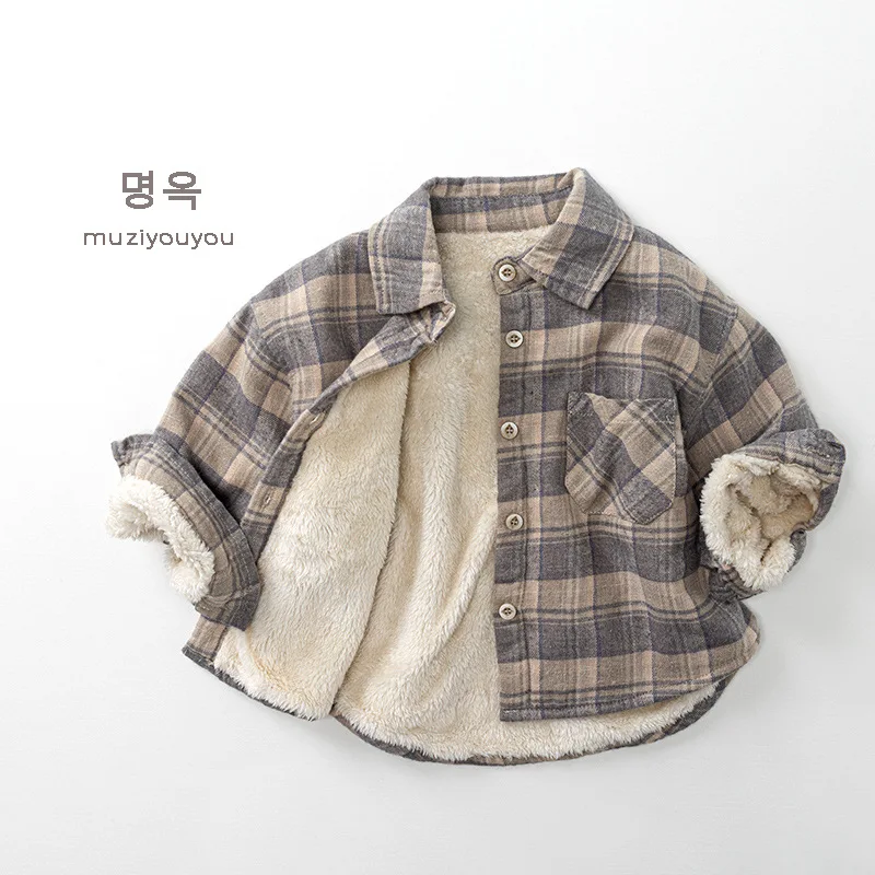 2026 Kids Plaid Shacket, Winter Plush Lined Shirt Jacket for Boys & Girls, Warm Padded Layering Top