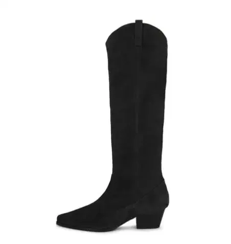 Rozmiar 32. Kobiety Coffee Black Suede Embroidery Pointed Toe Med Heels V Shape Front Knee High Boots Female Western Cowboy Long Boots