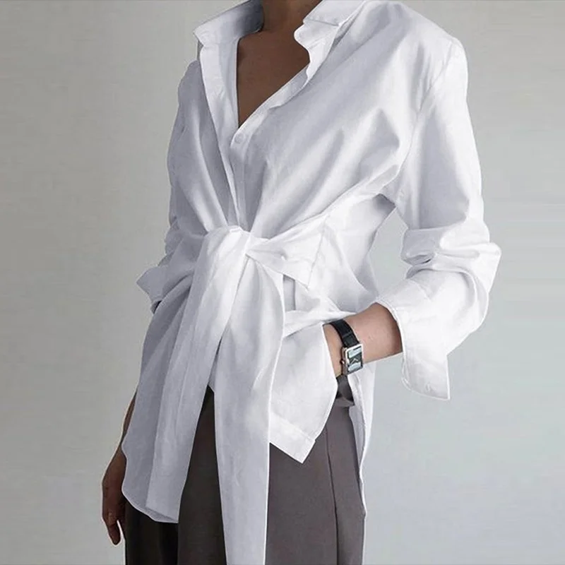 Slim Button White Shirt Women Fashion Tops Office Lady Shirt Loose Long Sleeve Blouse Female Ruched Lace Up Solid Blouse 18659