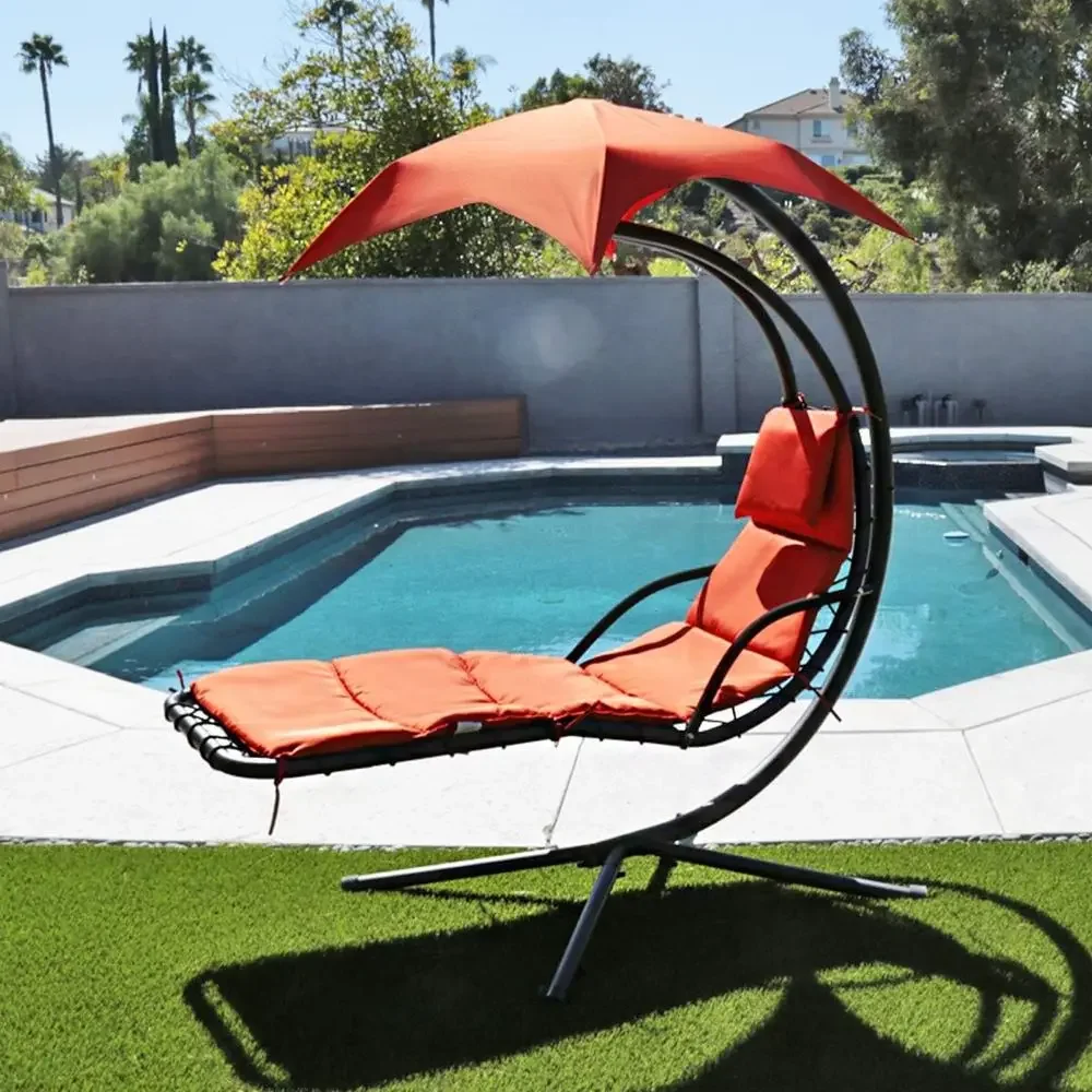 Outdoor Padded Chaise Lounger with Sun Umbrella, Swing Hammock Chair in Orange