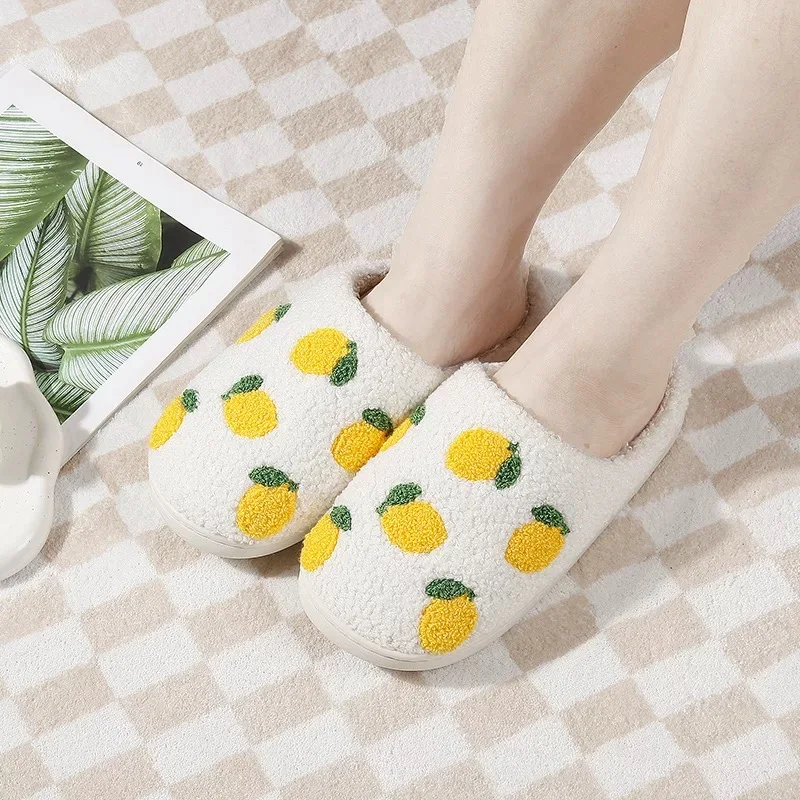 الليمون الفاكهة نمط المرأة نعال من القطن داخلي المنزل دافئ مريح النعال الناعمة عدم الانزلاق مبطن شبشب شتوي سميك #1