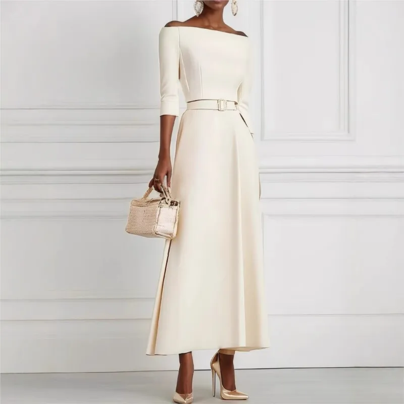 

Elegant Autumn New Solid Color Fashionable Waist Cinched One Shoulder Dress Casual Waistband Long Frock Vestidos Para Mujer