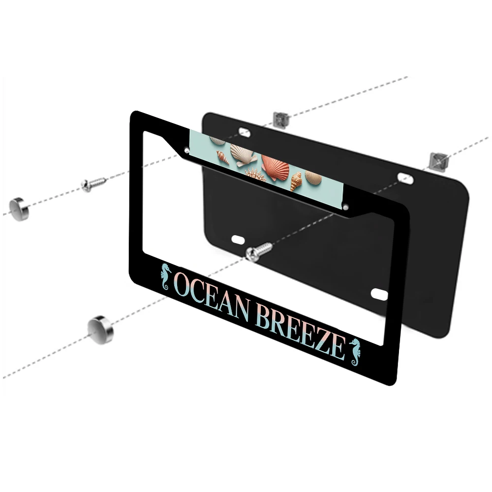 قطعة واحدة من إطار لوحة الترخيص الأسود بفتحتين مع نمط صدف نسيم المحيط، مادة الألومنيوم، 6 × 12 بوصة، تتضمن طقم براغي، إعادة #3