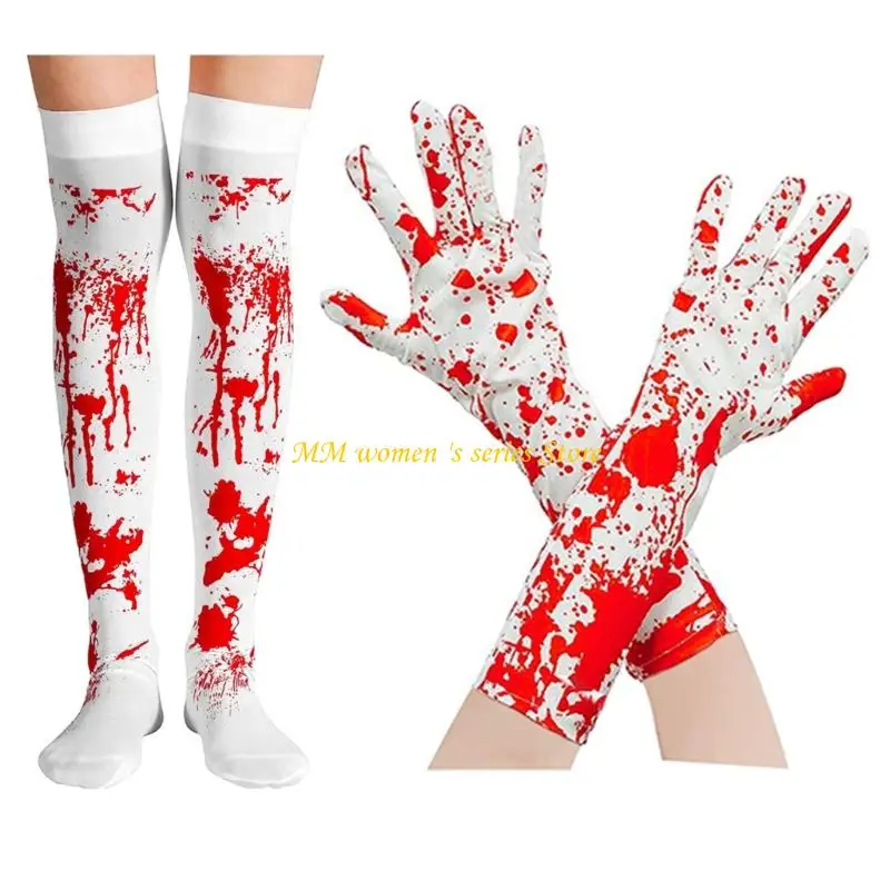 Q39C Orribili calze insanguinate Guanti schizzati sangue Calze alte calze Costume Halloween Accessorio cosplay per donna