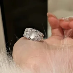 925 Silver Chinese style Natural ice chalcedony rings for women Light Luxury Simple Diamond Hollow Vintage Exquisite Jewelry