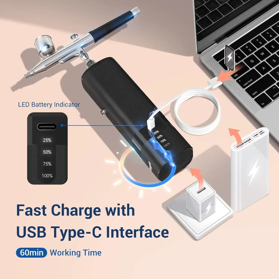 Kit de aerógrafo portátil de doble acción con compresor de alta presión inalámbrico de hasta 32 PSI Mini aerógrafo de mano recargable f