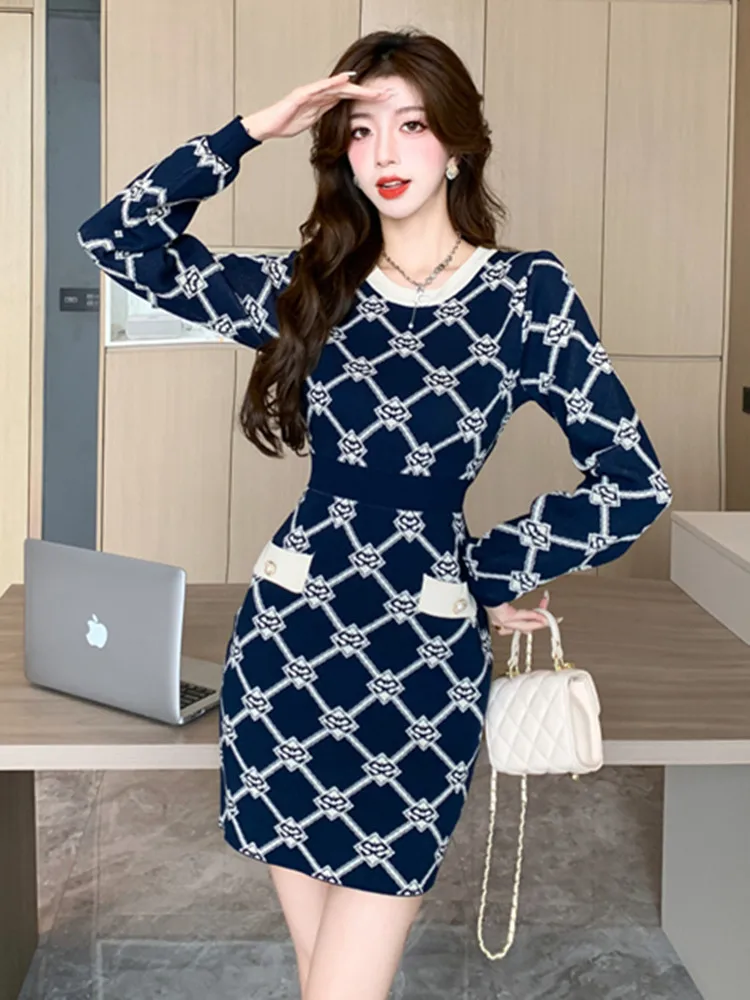 Korean Fashion Geometric Jacquard Mini Bodycon Dresses Women\'s O-neck Long Sleeve Buttons Deco Slim Short Knitwear Vestidos