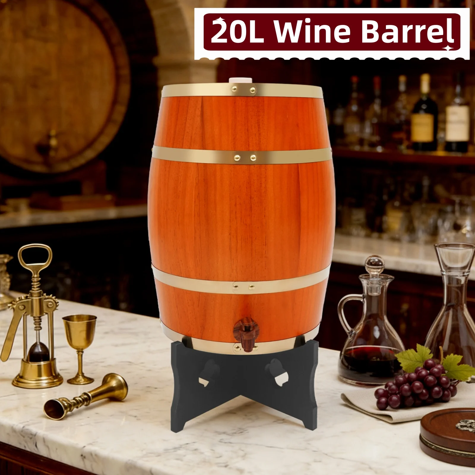 

20L Wine Barrel with Stand and Faucet Wood Whiskey and Wine Container for Home Wine Cellar Home Decor Hotel Vintage Coffee Barrel