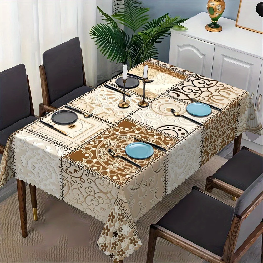 Retro European Square Leather Printed Tablecloth, Fan Edge Rectangular Polyester Table Cover, Waterproof Dustproof Cloth for Hom
