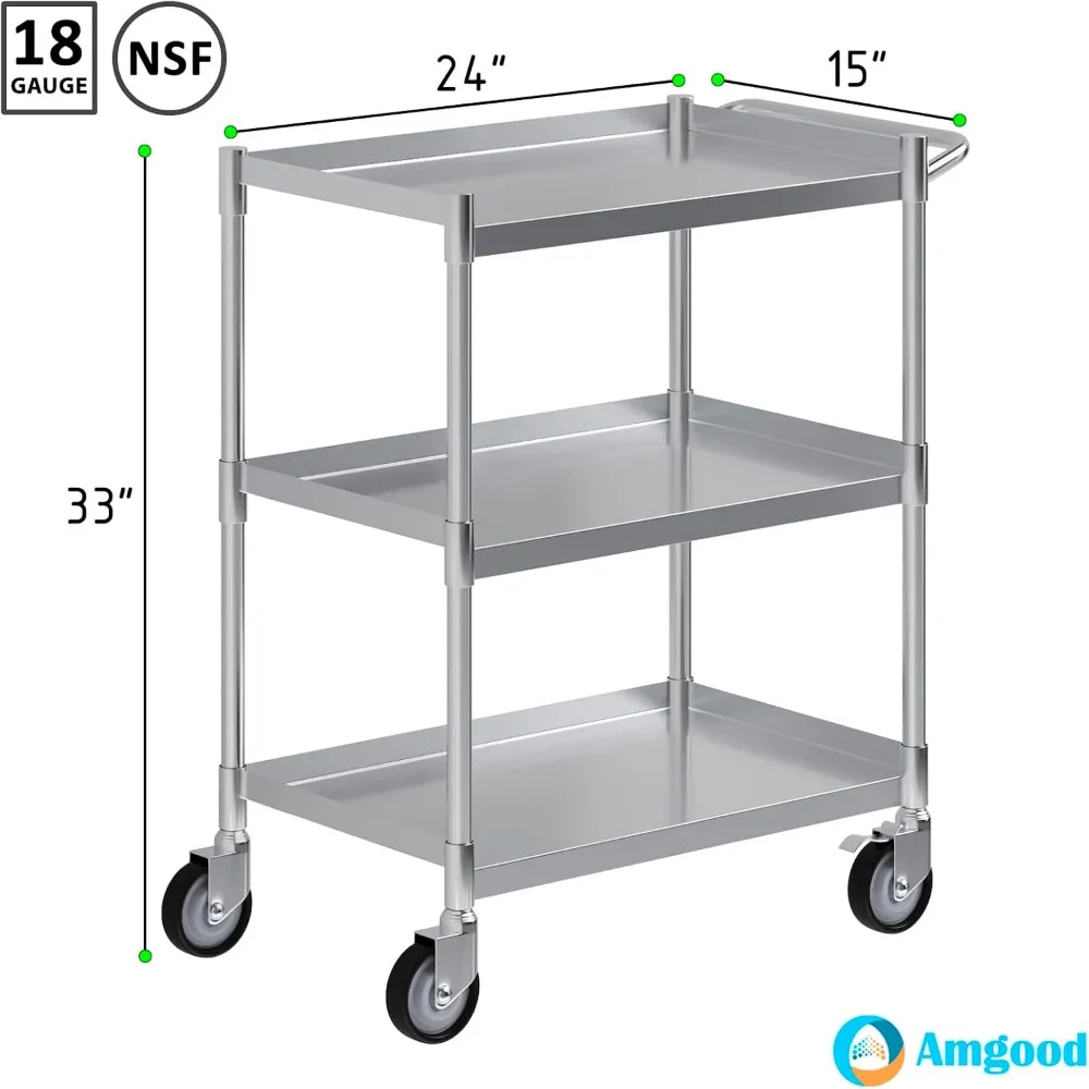 Carrinho utilitário de 3 camadas em aço inoxidável com rodas e alça - 15W x 24L x 33H, carrinho de metal durável para uso doméstico e de escritório