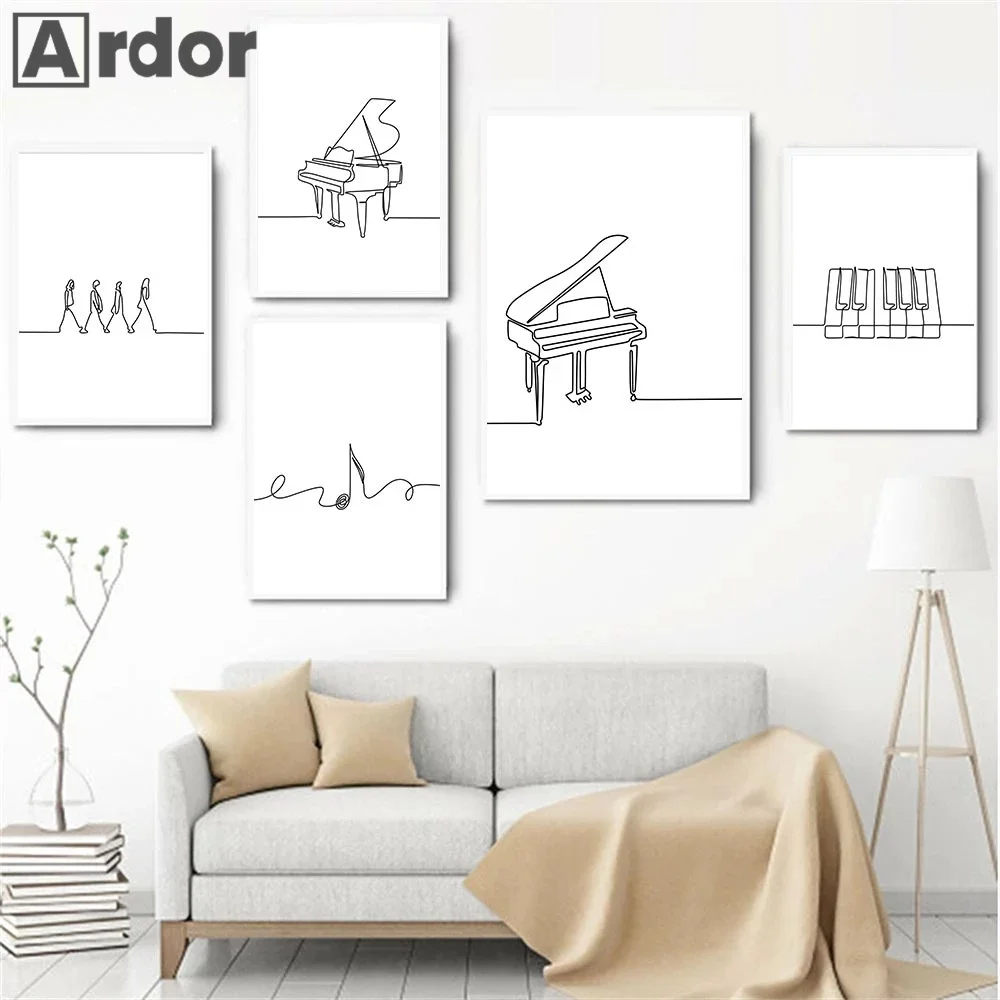 Nordic Piano Line Drawing Wall Art Poster Music Notes Art Print Piano Key Canvas Painting Black White Pictures Living Room Decor