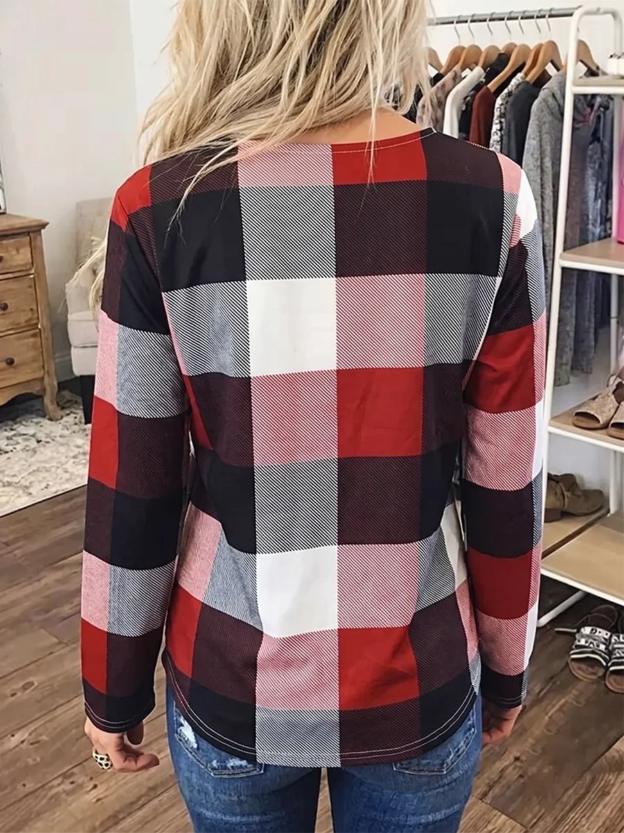 Plaid V Neck Zipper Tops for Women Long Roll Up Sleeve Casual Blouses Autumn Loose Pullover Shirts Non Strech TEES