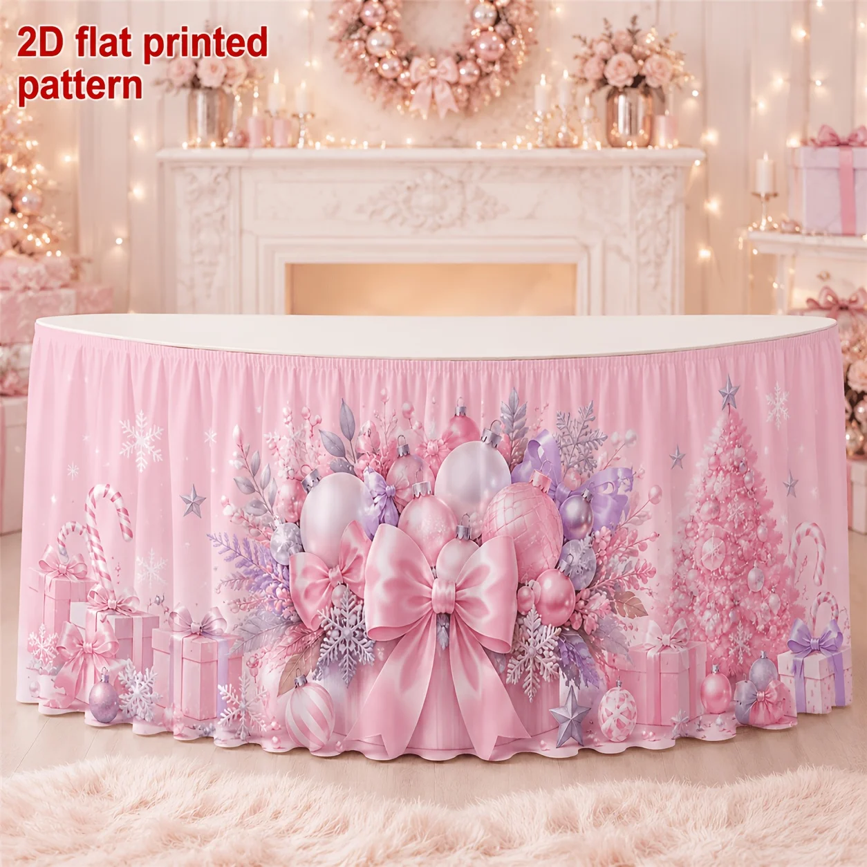 One table flag table skirt. Light pink Christmas print table skirt. Romantic, elegant and dreamy pattern.zyc