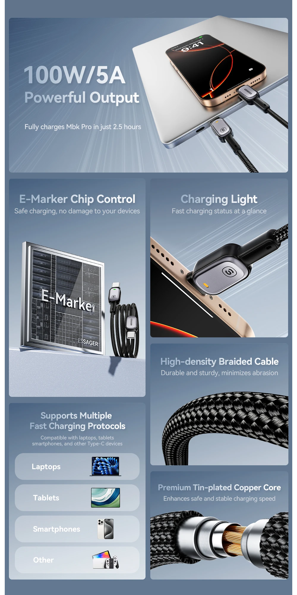 Essager 100W Typ-C-zu-Typ-C-Kabel für iPhone 16 15 Xiaomi Samsung Huawei PD Schnellladung für Macbook Tablet Laptop LED-Kabel – Detail 2