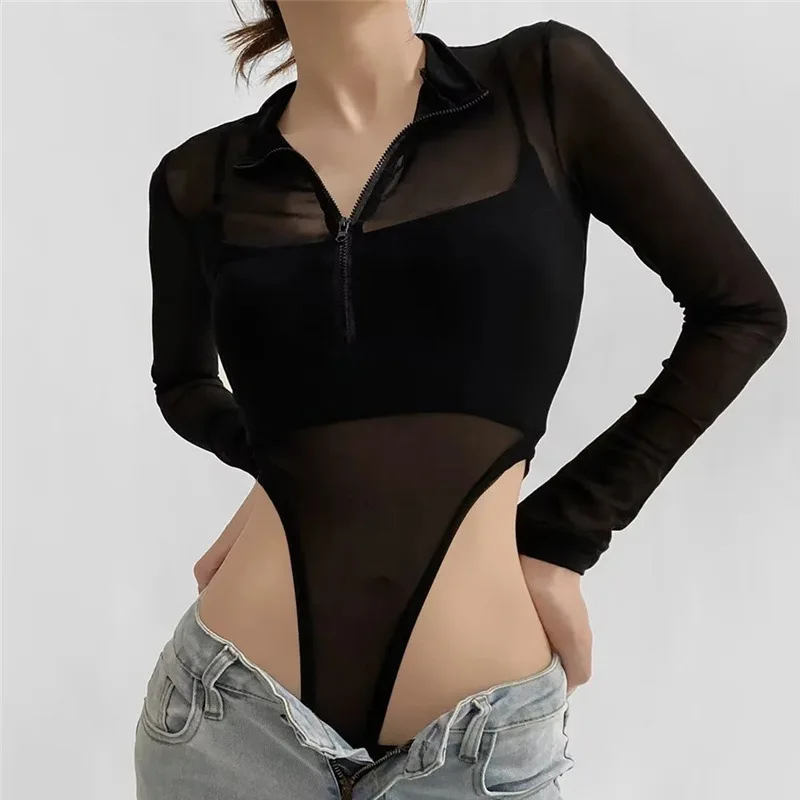 

Sexy Zipper Jumpsuit Women's High Neck Bodysuits Slimming Long Sleeved Base T-shirt Solid Color Tops Festival Outfit Lingerie