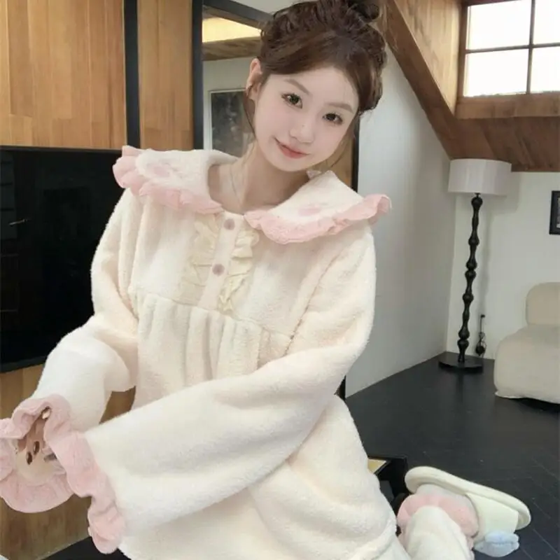 

Women's Sweet Coral Fleece Hooded Pajamas Autumn Winter Sleepwear Thicken Girl's Students Homewear Loungewear Suit New Sleepcoat