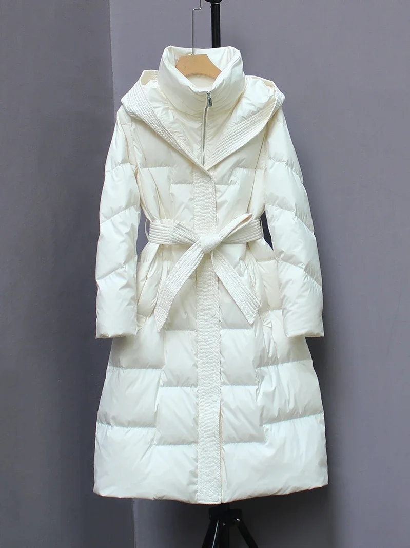 23 New Winter Women 90% White Duck Down Coat Hooded Thickened Fashion Down Coat Women Warm Parkas Mid Length Belt Slim Fit Parka