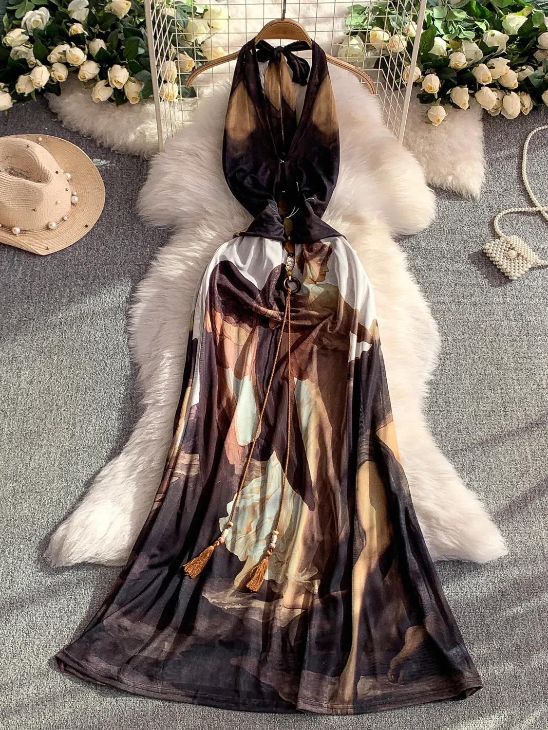 Retro Floral Print V-Ne Hanging Ne Dr Women's High Waist Belt Sexy Holiday Long Dr Korean Sle A-Line Skirt