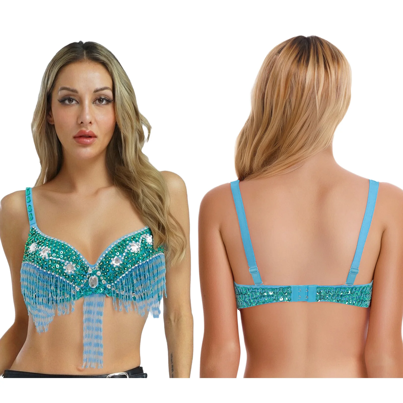Sujetador para danza del vientre para mujer, Tops con lentejuelas brillantes, cuentas de plástico, flecos, sujetador con aros, Push Up, Balconette, Salsa, Rumba, traje de baile