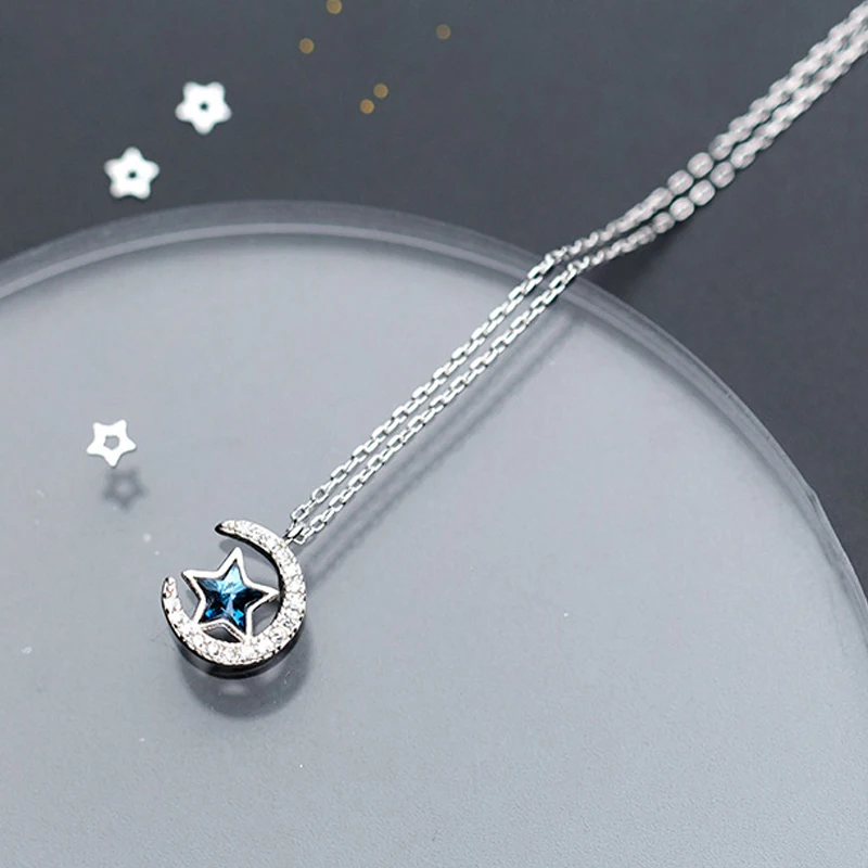 

925 Sterling Silver Pure S925 Silver Necklace Female Korean Fashion Blue Star Moon Pendnat Lady Clavicle Chain Jewelry For Women