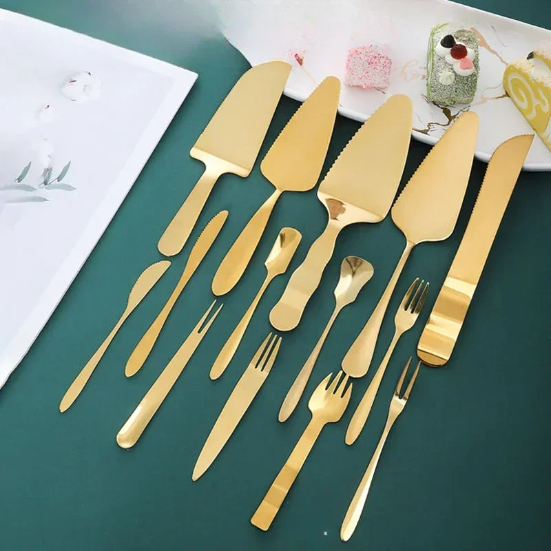 Golden cake spatula Stainless steel cake knife, fork and spoon set mooncake dessert spoon Western pastry baking tools