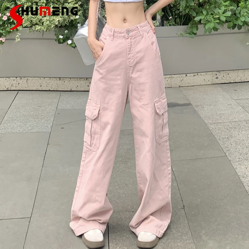 Sweet Cargo Baggy Pink Large Pockets Jeans 2024 Summer American Loose Women\'s High Waisted Straight Wide Leg Denim Mop Trousers