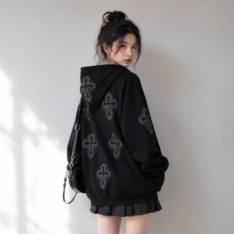 Women Zip Up Hoodie Black Cross Graphic Sweatshirt Gothic Y2K Streetwear Loose Fit Hooded Jacket Casual Fashion Outerwear