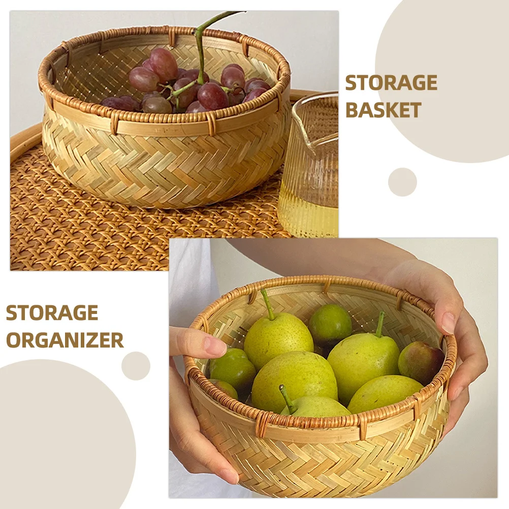 

Bamboo Fruit Basket Round Deepened Woven Basket Desktop Organizer Fruit Tray Snack Bread Holder Home Decoration
