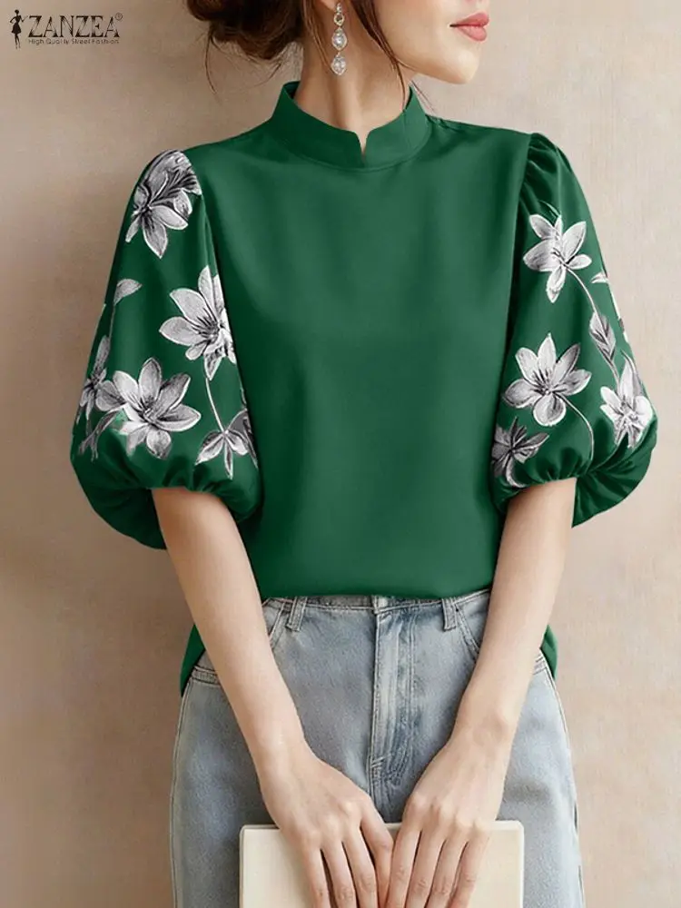 ZANZEA Blus Wanita Elegan Atasan Kasual Lengan Setengah Lentera Motif Bunga Kerah Berdiri Mode Pakaian Wanita Musim Semi 2025 S-3XL