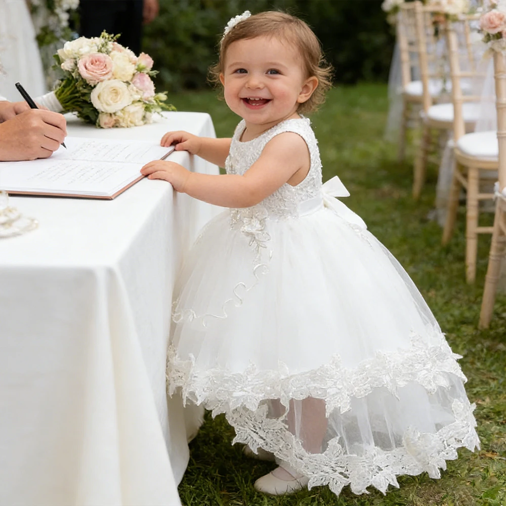 Lace Tulle White Dress for Baby 1st Birthday Princess Dress Baptismal Costume Flower Girl Wedding Dress Infant Clothes 6-24M
