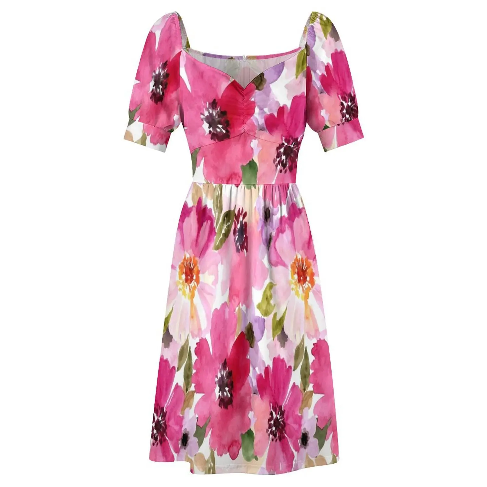 Aquarel Bloemen Roze Fuchsia Korte Mouwen Jurk zomer vrouwen pak prom jurk 2025 Vrouw mode jurk voor vrouwen 2025