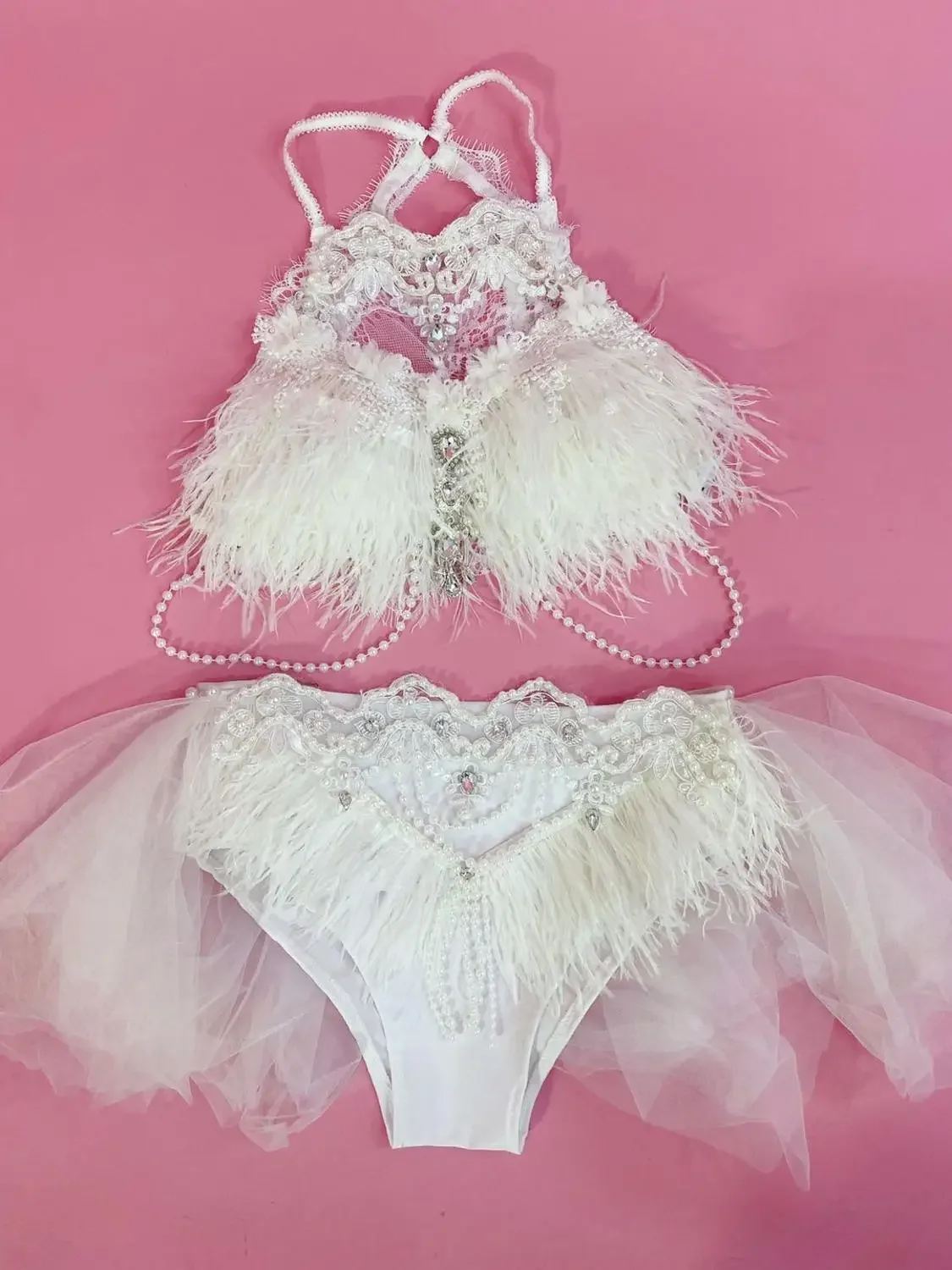 Bar Klub Nocny DJ Tancerz Tańcze na Rurze Kostium Białe Pióra Dżety LED Bikini Zestaw Impreza Klubowa Rave Pokaz Występ Ubrania