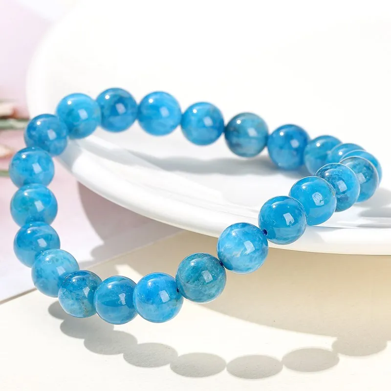 JD Natural Genuine Apatite Stone Bead Bracelet Women Men Fashion Blue Phosphorite Round Smooth Energy Bangles Jewelry Yoga Wrist