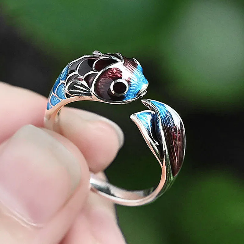 Silver Enamel Color Koi Fish Adjustable Ring Chinese Classical Niche Design Elegant Charm Ladies Brand Jewelry Party Gift