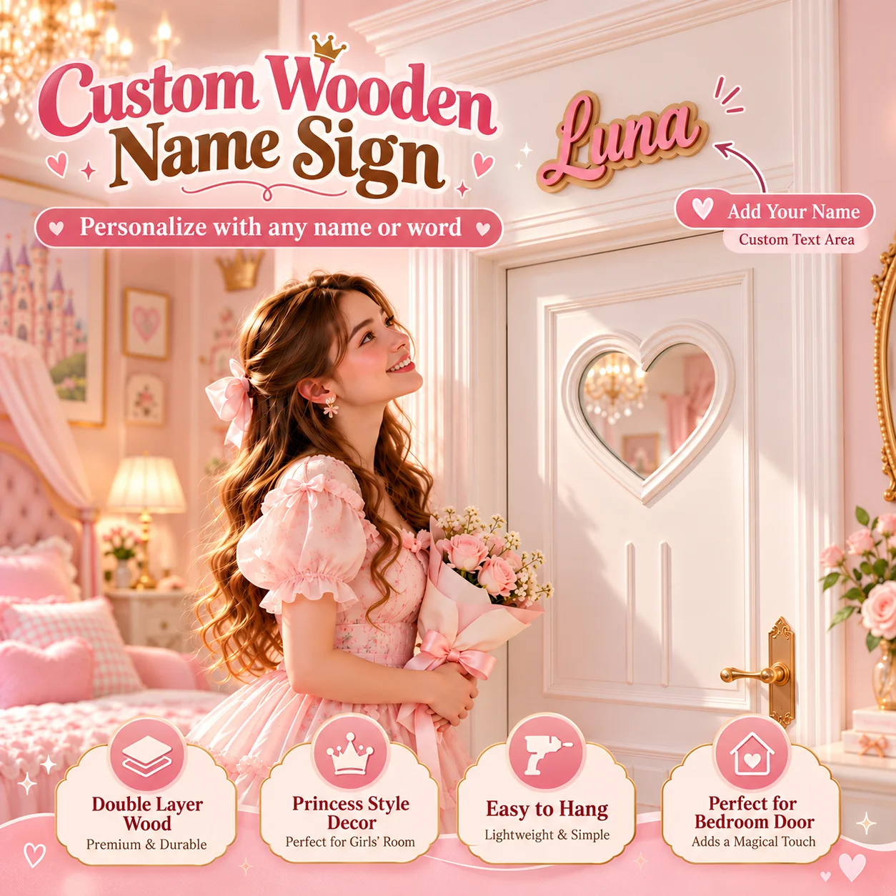 Custom Name Sign Double Layer Wood Personalized Name Sign for Bedroom Living Room Wedding Door Wall Hanging Home Decor Gift
