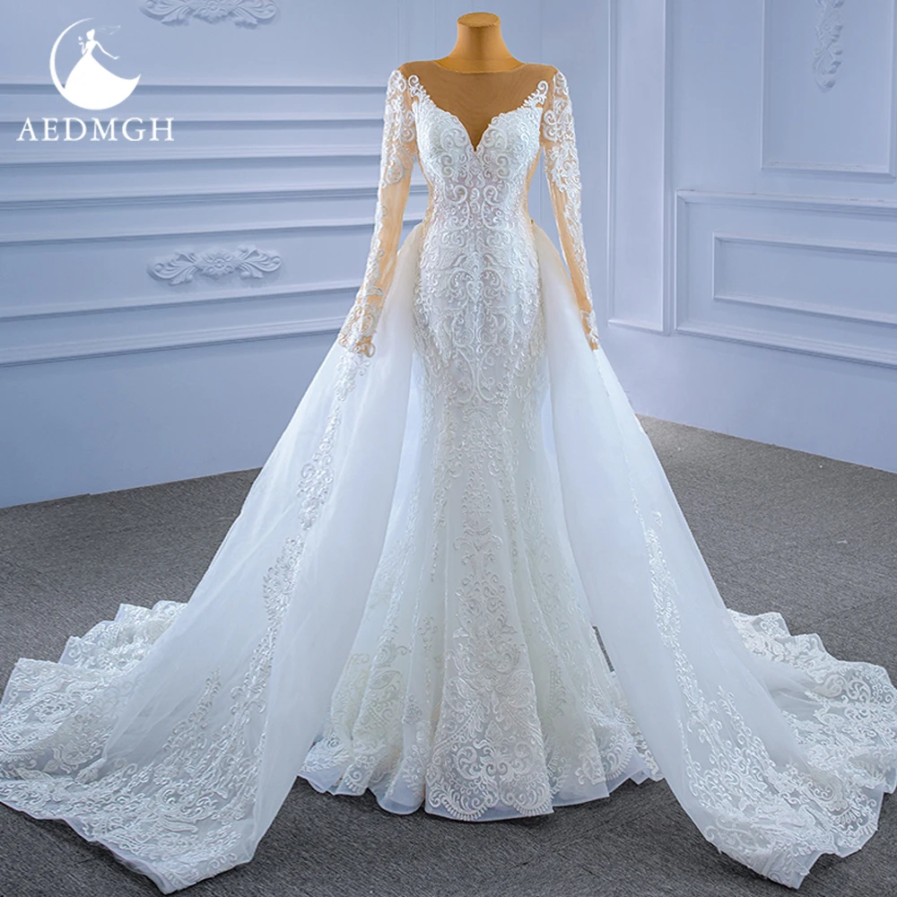 

Aedmgh Mermaid Wedding Dresses 2024 O-Neck Long Sleeve Vestido De Novia Beaded Appliques Detachable Train Sheath Robe De Mariee