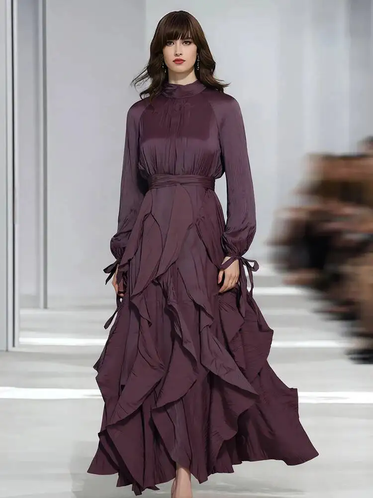 Fashion Deep Purple Pleated Dress Women's Turteneck Tie Long Sleeves Multi-layer Ruffles Ankle-length Dresse O7IO