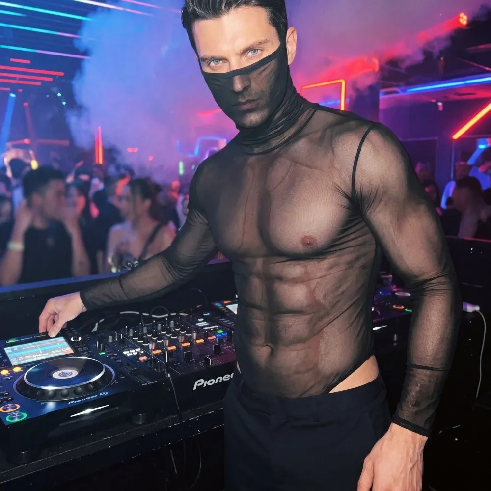 Men's Sexy Transparent High Neck Bodysuit Tight Elastic Fashion Trendy Stage Performance