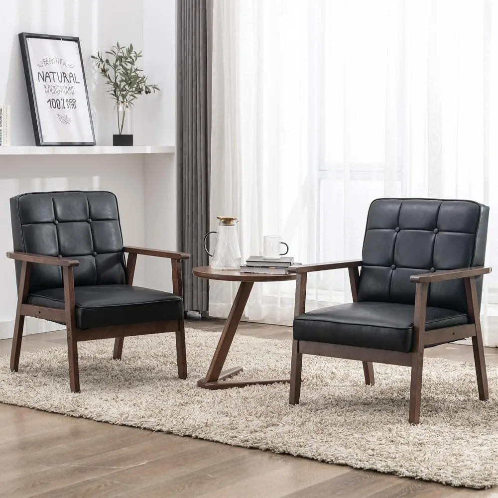 

Accent Chairs Set of 2, Mid Century Modern Accent Chair, Retro Wood and Leather Armchairs Side Chair, Lounge Reading Com