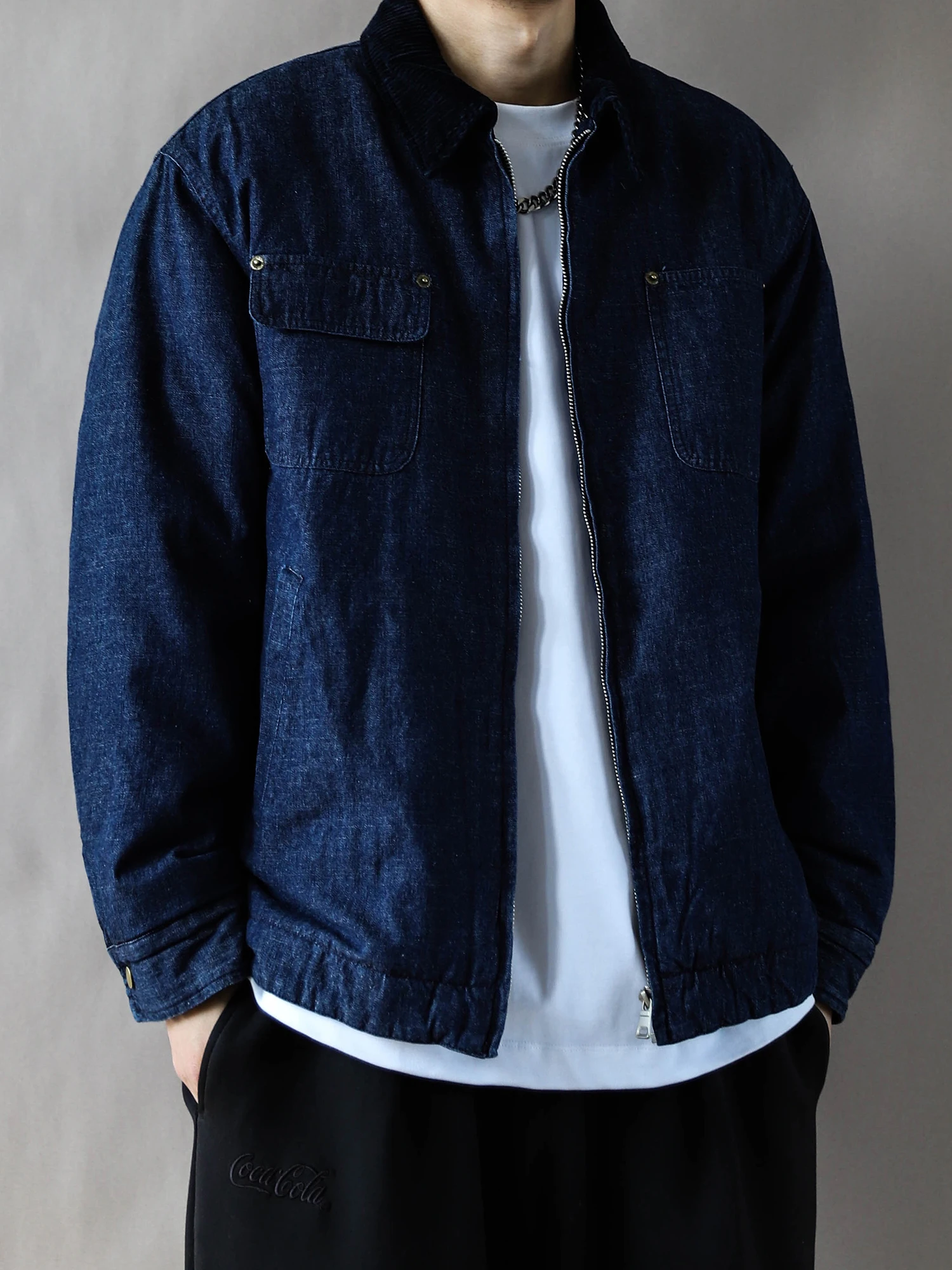 

Retro American Waed Denim Cotton Jaet for Men Loose Collar Workwear Sle Warm Blue Cotton Coat Long Sve Zipper Closure
