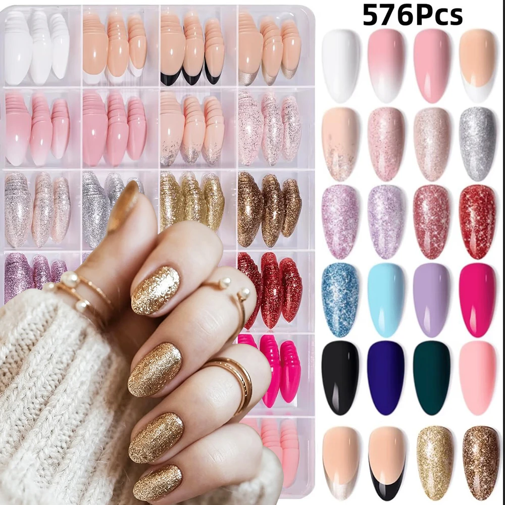 576Pcs Multi‑Color Medium Almond Press On Nails Sparkly Glitter Solid Color Full Cover Fake Nails Reusable False Nails For Salon