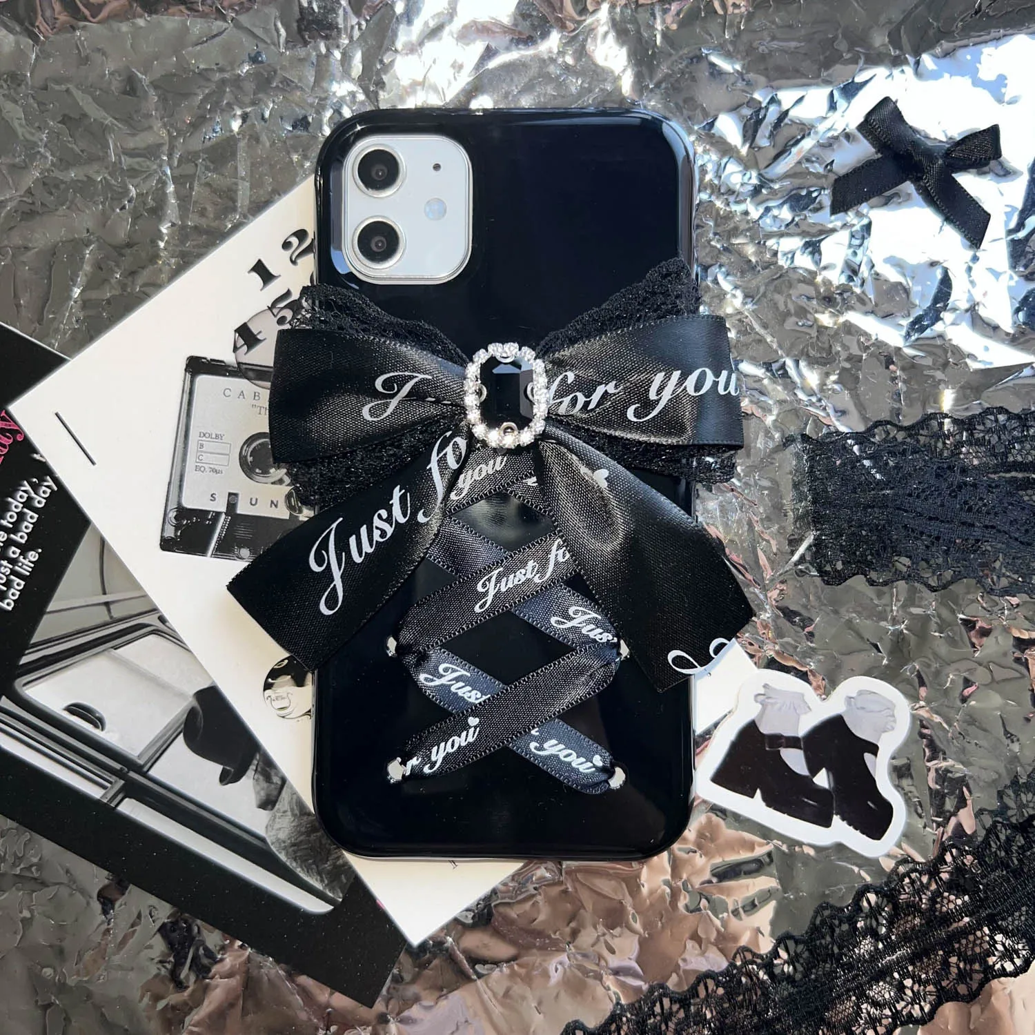 Harajuku Lolita Y2k Black Bowknot Phone Case For iPhone 16 Pro Max 11 12 13 14 15 Pro X XS XR 7 8 Plus Full Handmade Soft Cover