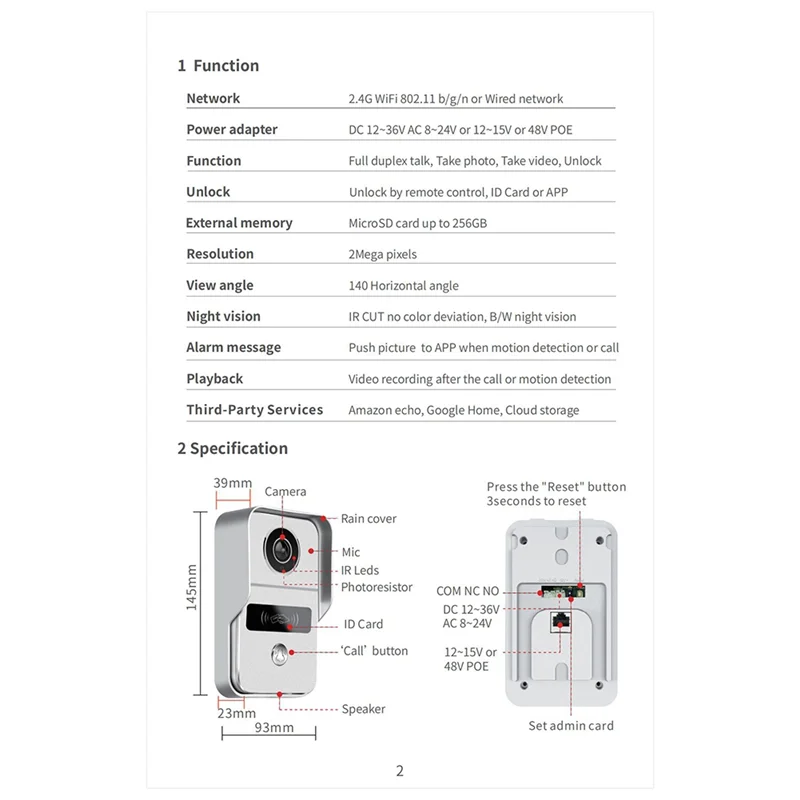SQPP-2MP Tuya Doorbell Wifi Video Intercom 1080P Camera Motion Sensor Alarm Security Smart Home/ Office Remote Unlock