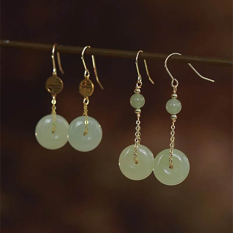 New Chinese Style Sterling Silver Round Hetian Jade Dangle Earrings for Woman Ancient Style Temperament Jewelry Accessories Gift