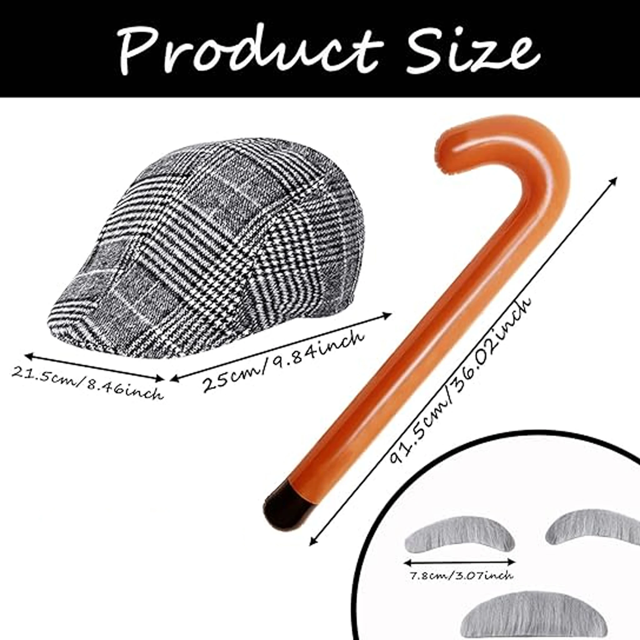 5Pcs OldMan Set Kids 100 Days of School Costume for Boys Cane+Glasse+ Faux+Eyebrows+Mustache+Hat+pocket watch for Grandpa outfit